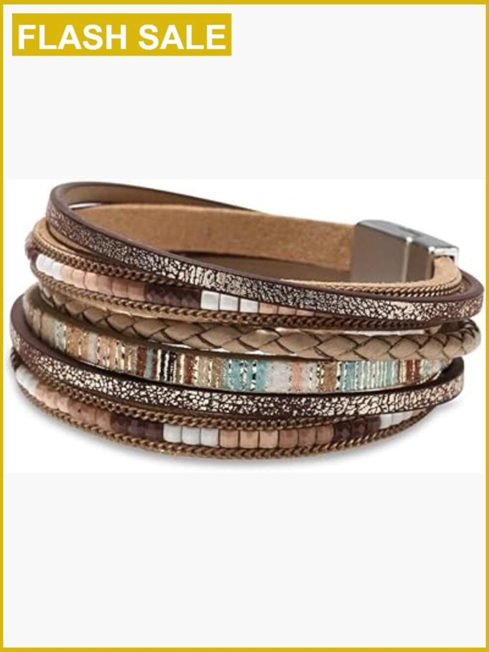 Leather Wrap Bracelet with Crystal Beads - Boho Multi-Layer Cuff Jewelry